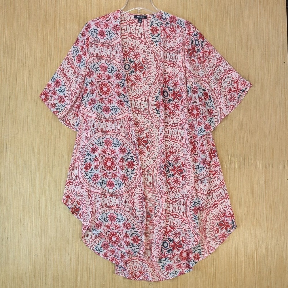 Torrid Womens Boho Indie Resort Concert Medallion Floral Kimono Wrap Size 1X Red